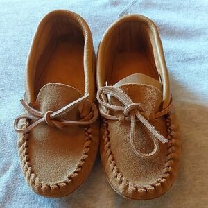 Tan Suede Moccasins with Whipstitching and Bow Laces